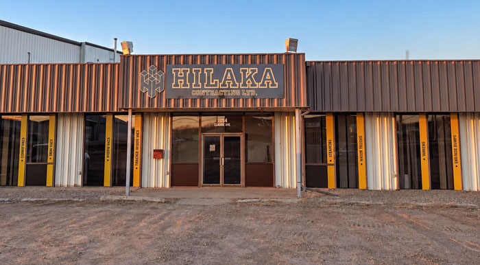 Front entrance of Hilaka Contracting’s shop and office in Fort St. John, British Columbia.